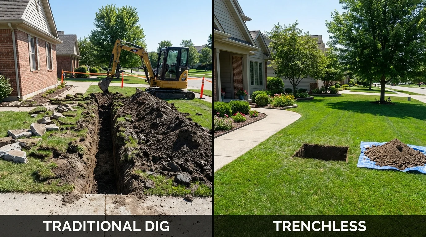 Trenchless sewer repair with minimal yard damage versus traditional excavation in Memphis, MI