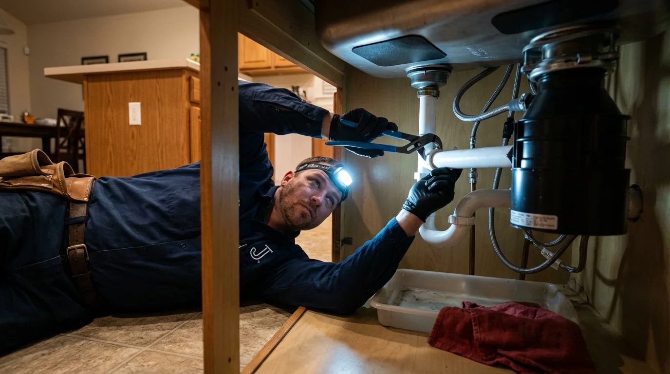 P-trap and supply line connections under a kitchen sink showing a common leak point in Memphis, MI